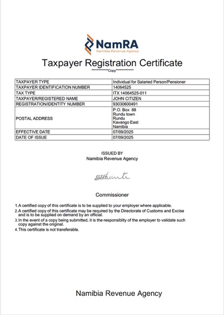 Download Namibia taxpayer registration certificate Word and PDF template Photoshop template